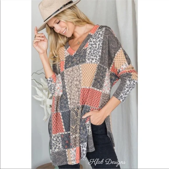 LAST 2! V Neck Patchwork Relaxed Fit Side Slit Detail Top! - Picture 3 of 8